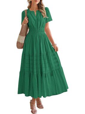 Women's Dark Green Maxi Dress Lightweight Short Sleeve V Neck Elastic Waist